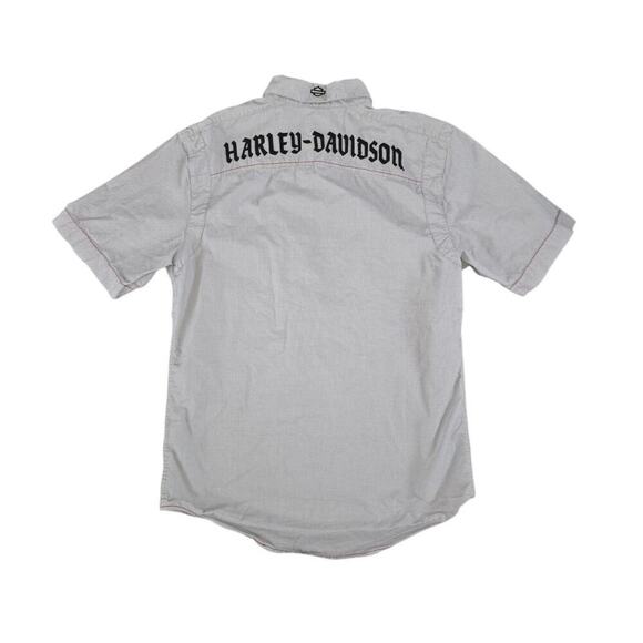 Harley-Davidson Button Down Short Sleeve Pockets Gray Spell Out On Back Mens M - Picture 3 of 7